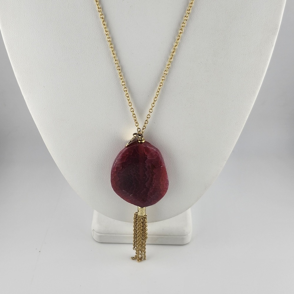Bourbon And Boweties Pink Agate Slab Pendant Tassel Necklace